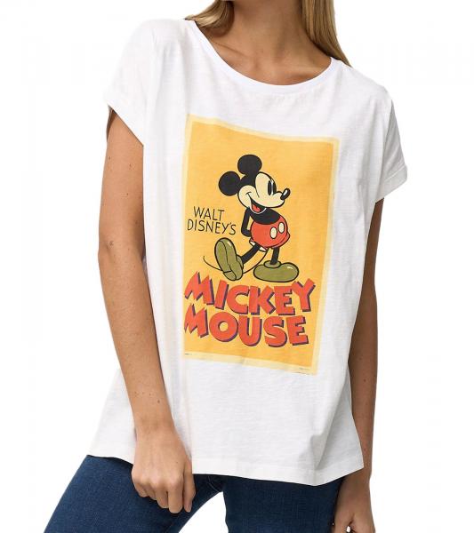 RE:COVERED X Disney Damen T-Shirt mit Mickey Mouse Print Baumwoll-Shirt Rundhals-Shirt MMDIS2591 Wollwei&szlig;