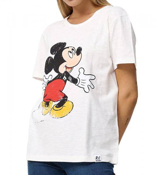 RE:COVERED X Disney Damen T-Shirt mit Mickey Mouse Print Baumwoll-Shirt Rundhals-Shirt MMDIS2580 Woll-Wei&szlig;
