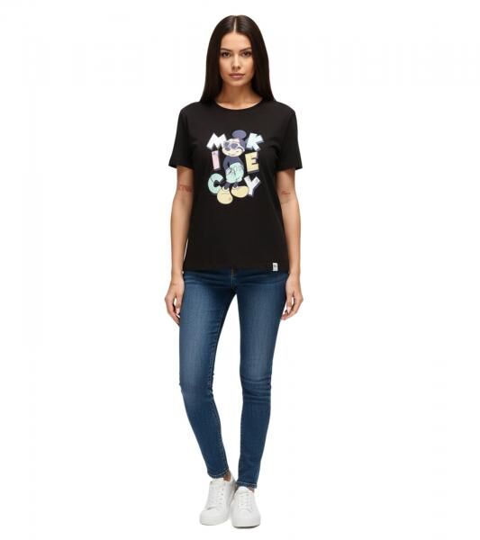 RE:COVERED X Disney Damen T-Shirt mit Mickey Mouse Print in Pastelfarben Baumwoll-Shirt Rundhals-Shirt Kurzarm-Shirt RCDIF2070 Schwarz