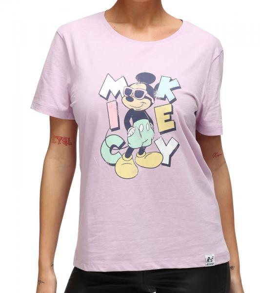 RE:COVERED X Disney Damen T-Shirt mit Micky Maus Aufdruck Baumwoll-Shirt Rundhals-Shirt RCDIF2071 Flieder