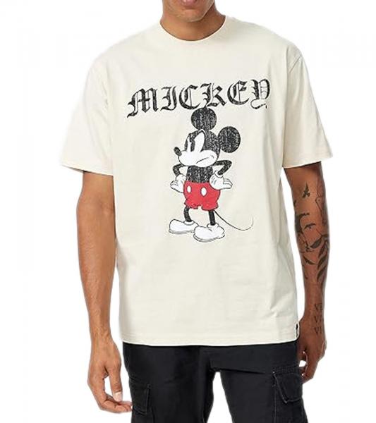 RE:COVERED X Disney Herren T-Shirt mit Grumpy Mickey Mouse Print Baumwoll-Shirt mit gro&szlig;em Schriftzug Rundhals-Shirt MMDIS2690 Beige