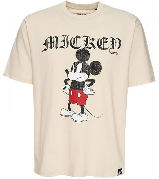RE:COVERED X Disney Herren T-Shirt mit Grumpy Mickey Mouse Print Baumwoll-Shirt mit gro&szlig;em Schriftzug Rundhals-Shirt MMDIS2690 Beige