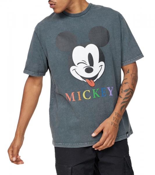 RE:COVERED X Disney Herren T-Shirt mit Mickey Mouse Kopf und bunter Schriftzug Print Baumwoll-Shirt Rundhals-Shirt MMDIS2683 Grau