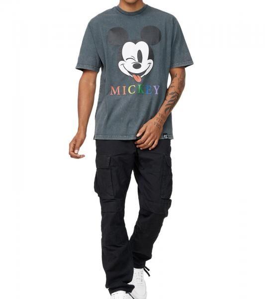 RE:COVERED X Disney Herren T-Shirt mit Mickey Mouse Kopf und bunter Schriftzug Print Baumwoll-Shirt Rundhals-Shirt MMDIS2683 Grau