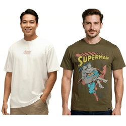 RE:COVERED X SUPERMAN DC Herren T-Shirt mit Comic-Print Baumwoll-Shirt Rundhals-Shirt RCWARN55 in Ecru-Weiß oder Khaki