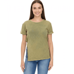 ROCKUPY Damen T-Shirt Kurzarm-Shirt mit Seitenschlitz Baumwoll-Shirt Rundhals-Shirt 393828 Grün