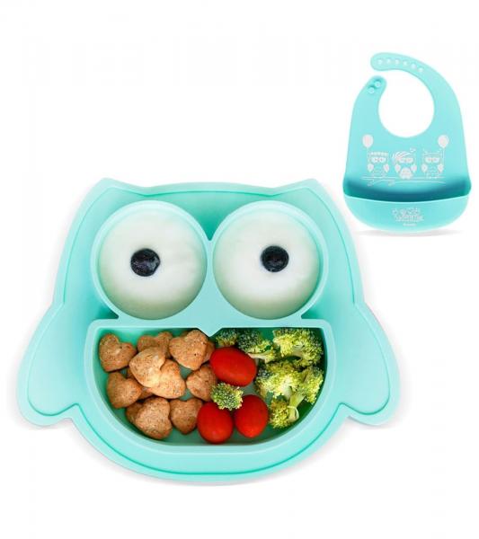Rutschfestes Brunoko Silikon-Babyteller 2-in-1 Baby-Tellerset L&auml;tzchen mit Auffangschale aus Silikon BPA-frei Mint-Gr&uuml;n