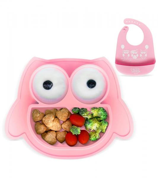 Rutschfestes Brunoko Silikon-Babyteller 2-in-1 Baby-Tellerset L&auml;tzchen mit Auffangschale aus Silikon BPA-frei Rosa
