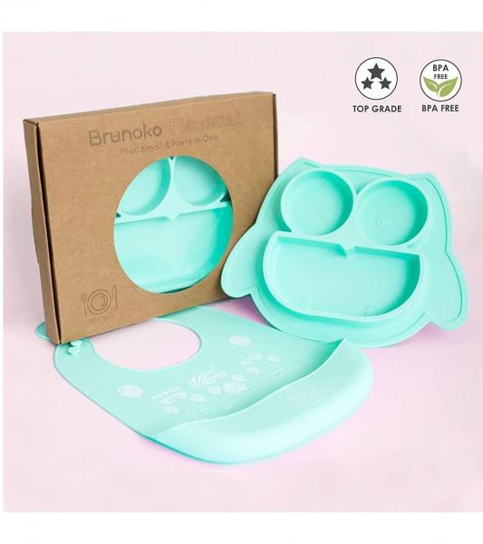 Rutschfestes Brunoko Silikon-Babyteller 2-in-1 Baby-Tellerset L&auml;tzchen mit Auffangschale aus Silikon BPA-frei Mint-Gr&uuml;n