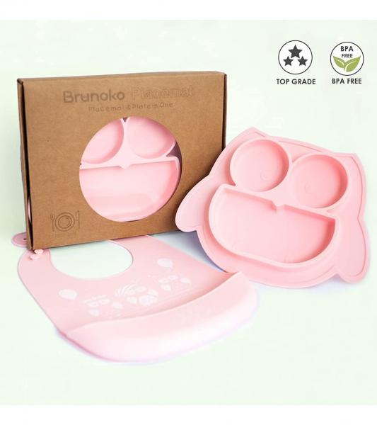 Rutschfestes Brunoko Silikon-Babyteller 2-in-1 Baby-Tellerset L&auml;tzchen mit Auffangschale aus Silikon BPA-frei Rosa