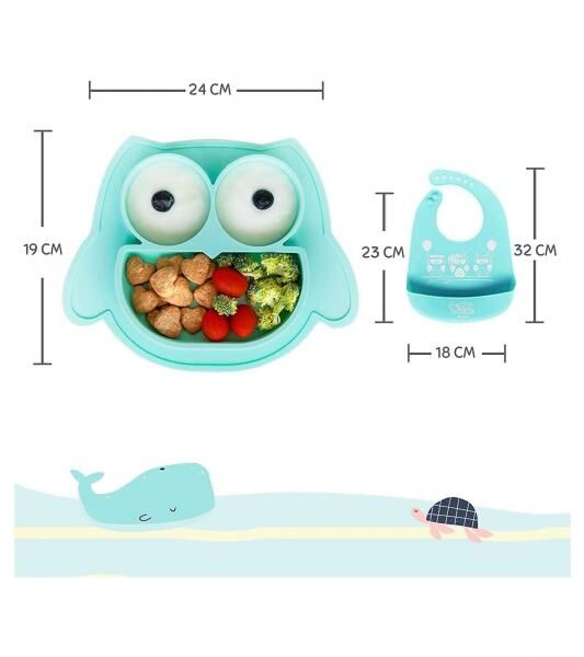 Rutschfestes Brunoko Silikon-Babyteller 2-in-1 Baby-Tellerset L&auml;tzchen mit Auffangschale aus Silikon BPA-frei Mint-Gr&uuml;n