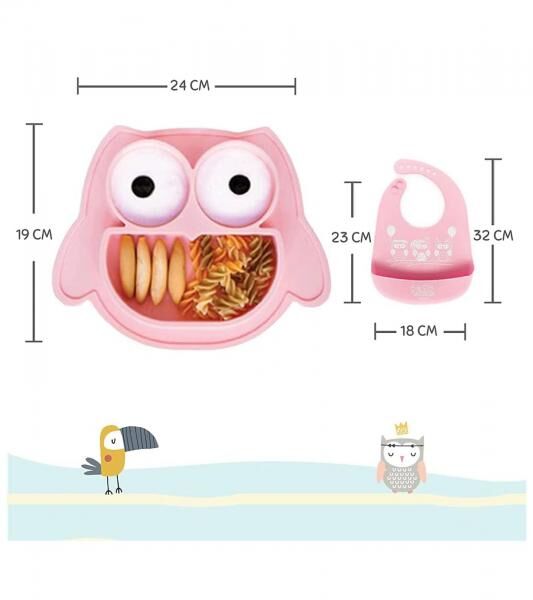 Rutschfestes Brunoko Silikon-Babyteller 2-in-1 Baby-Tellerset L&auml;tzchen mit Auffangschale aus Silikon BPA-frei Rosa