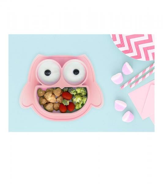 Rutschfestes Brunoko Silikon-Babyteller 2-in-1 Baby-Tellerset L&auml;tzchen mit Auffangschale aus Silikon BPA-frei Rosa