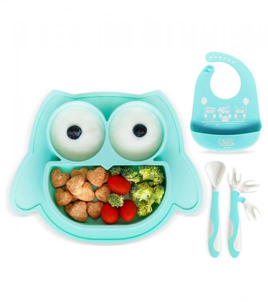 Rutschfestes Brunoko Silikon-Babyteller 3-in-1 Baby-Tellerset + Babyl&ouml;ffel + L&auml;tzchen mit Auffangschale aus Silikon BPA-frei Mint-Gr&uuml;n