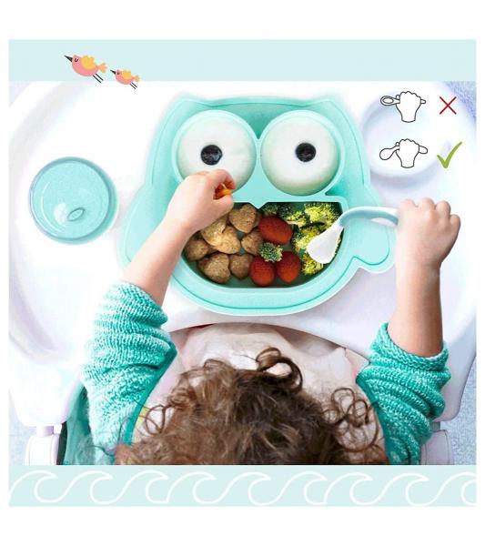 Rutschfestes Brunoko Silikon-Babyteller 3-in-1 Baby-Tellerset + Babyl&ouml;ffel + L&auml;tzchen mit Auffangschale aus Silikon BPA-frei Mint-Gr&uuml;n