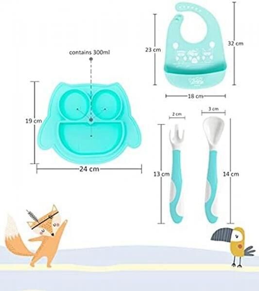 Rutschfestes Brunoko Silikon-Babyteller 3-in-1 Baby-Tellerset + Babyl&ouml;ffel + L&auml;tzchen mit Auffangschale aus Silikon BPA-frei Mint-Gr&uuml;n