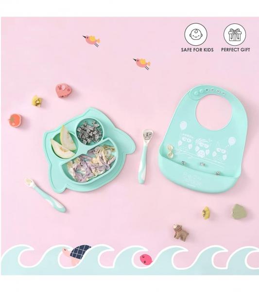 Rutschfestes Brunoko Silikon-Babyteller 3-in-1 Baby-Tellerset + Babyl&ouml;ffel + L&auml;tzchen mit Auffangschale aus Silikon BPA-frei Mint-Gr&uuml;n