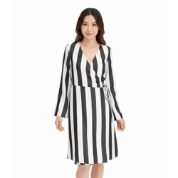 Schönes Streifenkleid für Damen Wickel-Kleid mit V-Ausschnitt Mini-Kleid 978829 Schwarz/Weiß