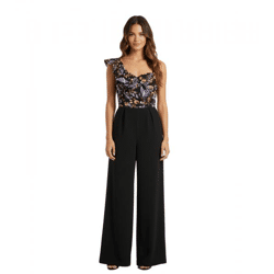 stylischer Overall extravaganter Damen Jumpsuit mit weitem Bein und Volant und Blumen Silvester Einteiler 970821 Schwarz