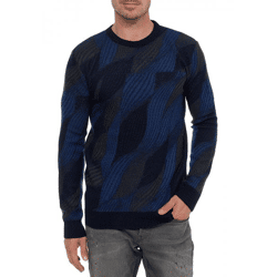 Trendiger Herren Rundhals-Pullover im Wellen-Design Feinstrick-Sweater 13445 Marine
