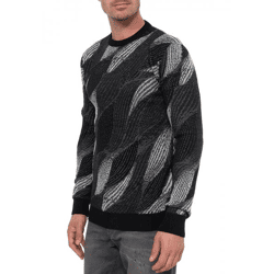 Trendiger Herren Rundhals-Pullover im Wellen-Design Feinstrick-Sweater 13445 Schwarz