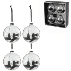 J-Line Weihnachtskugeln aus Glas, Kugel mit getrocknetem Zweig, schwarz, 10 cm, 4er-Set