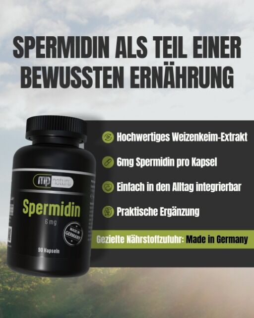 Spermidin 6mg pro Kapsel, Weizenkeimextrakt, Nahrungsergänzungsmittel PZN registriert, 90 Kapseln pro Dose, MHD 08/2027, Made in Germany