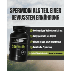 6 mg of spermidine per capsule, wheat germ extract, dietary supplement registered with the PZN, 90 capsules per bottle, best before 08/2027, Made in Germany