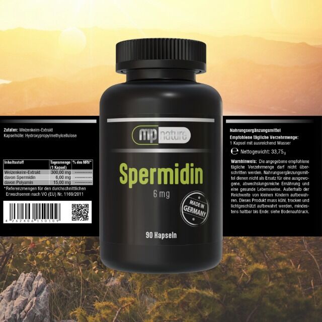 Spermidin 6mg pro Kapsel, Weizenkeimextrakt, Nahrungsergänzungsmittel PZN registriert, 90 Kapseln pro Dose, MHD 08/2027, Made in Germany