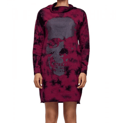 ROCKUPY Damen Sweat-Kleid mit Totenkopf-Print Pullover-Kleid Langarm-Kleid W-393822 Bordeaux/Schwarz