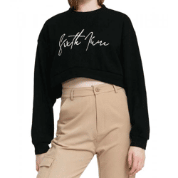 Sixth June Signature Damen Cropped-Pullover mit großer Signatur-Stickerei Rundhals-Sweater 32557 Schwarz