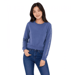 bruno banani Damen Rundhals-Pullover mit Marken-Schriftzug an Ärmel verlaufend Baumwoll-Sweater Langarm-Shirt Blau