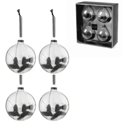 J-Line kerstballen glas bol droogtak zwart 10 cm set van 4
