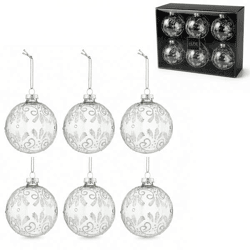 J-Line kerstballen glas Krul zilverkleurig glitter 8 cm set van 6