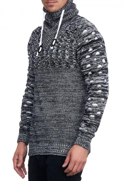 Moderner Herren Strick-Pullover mit Rollkragen und Kontraststrick Struktur-Sweater 13366 Schwarz