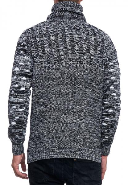 Moderner Herren Strick-Pullover mit Rollkragen und Kontraststrick Struktur-Sweater 13366 Schwarz