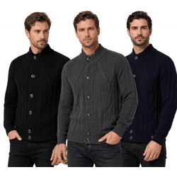 Klassische Herren Grobstrick Strick-Jacke mit Stehkragen und Knopfleiste Struktur-Cardigan 13401 Schwarz, Marine-Blau oder Grau