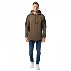 Moderner Herren Hoodie mit Strukturärmeln und Logo Patch Kapuzen-Pullover Sweater 19072 Khaki