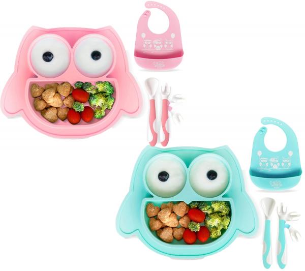Rutschfestes Brunoko Silikon-Babyteller 3-in-1 Baby-Tellerset + Babylöffel + Lätzchen mit Auffangschale aus Silikon BPA-frei Rosa oder Mi