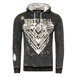 Auffälliger Herren Kapuzen-Pullover Oil-Washed Hoodie mit Grafik-Print Sweatshirt 19126 Schwarz