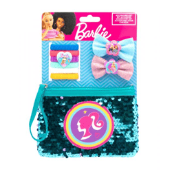 Barbie - Set mit 6 Zöpfchenhaltern, 2 Haarspangen mit Glitzermasche und magischem Pailletten-Beautytäschchen