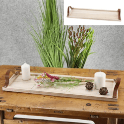 Wooden decorative tray with PU handle, large