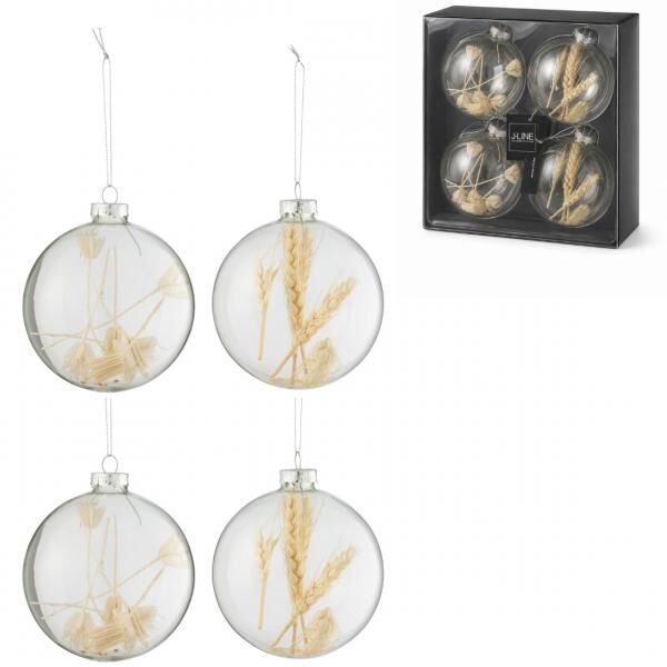 J-Line Weihnachtskugeln aus Glas, Kugel mit Trockenast, beige, 10 cm, 4er-Set