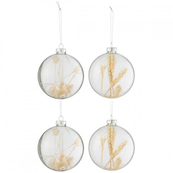 J-Line Weihnachtskugeln aus Glas, Kugel mit Trockenast, beige, 10 cm, 4er-Set