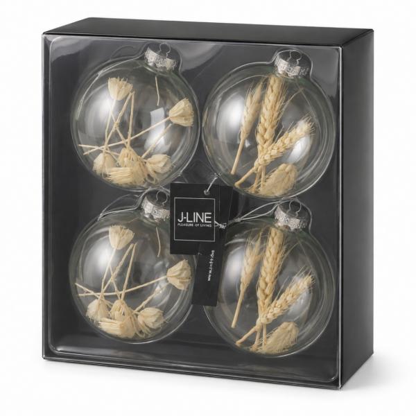 J-Line Weihnachtskugeln aus Glas, Kugel mit Trockenast, beige, 10 cm, 4er-Set
