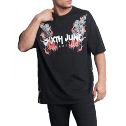 Sixth June Herren Baumwoll-Shirt Rundhals-Shirt mit Feuer und Rosen-Print T-Shirt M2530VTS Schwarz