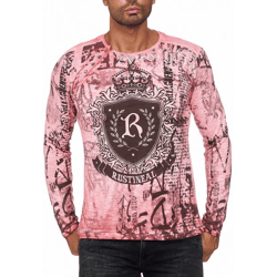 Stylisches Herren Longsleeve Rundhals Washed Print Design Slim Fit Langarm-Shirt 10142 Koralle