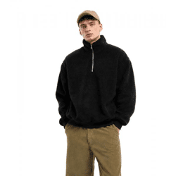 Modisches URBAN CLASSICS Herren Teddy-Fleece Sweatshirt – Oversized Pullover mit Half-Zip & Stehkragen in Schwarz
