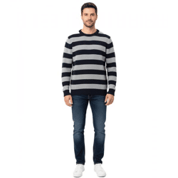 Stylischer ESPRIT Herren Strick-Pullover im Streifen-Design Rundhals-Sweater Baumwoll-Pullover Dunkelblau/Grau