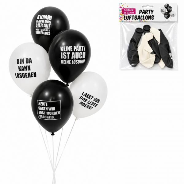 Partyballons mit deutschsprachigen Sprüchen, schwarz-weiß, 22 cm, 5er-Set